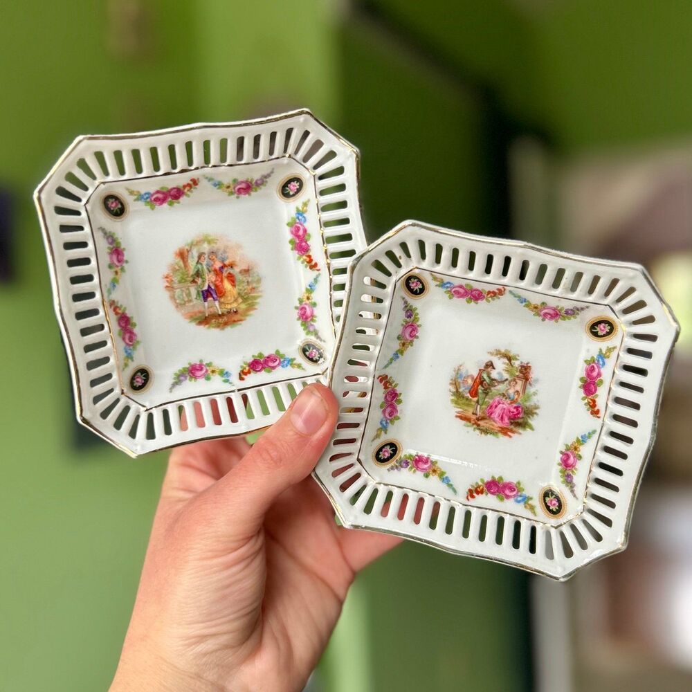 VTG Victorian German Porcelain Elegant Square Decorative Trinket Dish Set of 2